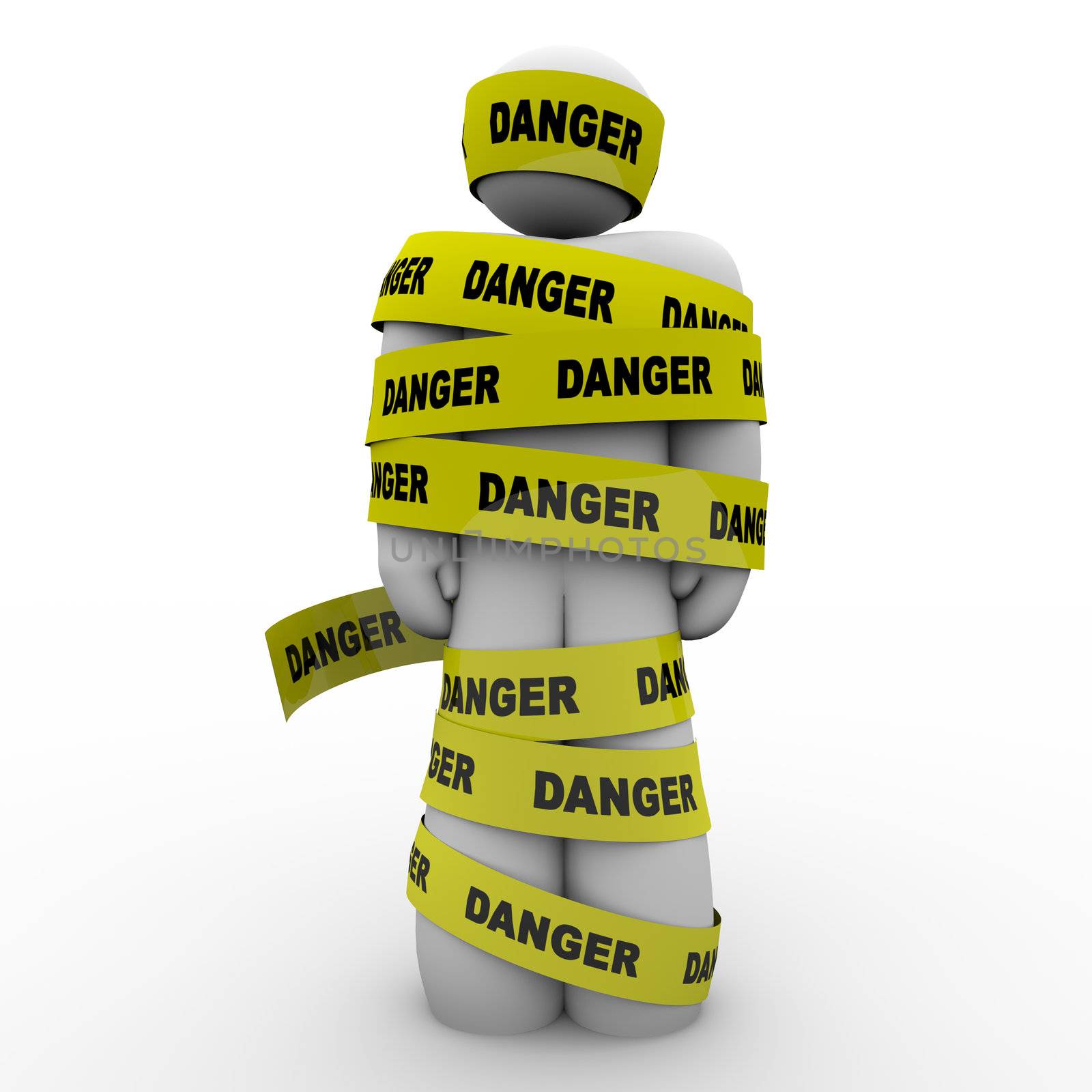 A person or man wrapped in yellow tape marked Danger, illustrating a warning, caution, hazard, crisis or emergency