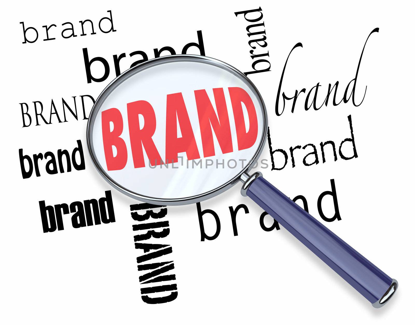 The word Brand under a magnifying glass illustrating marketing and advertising to build customer loyalty and reputation