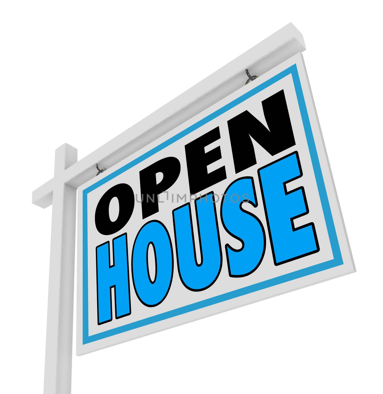 The words Open House on a home for sale sign attracting buyers to a real estate event, advertising and marketing to get the attention of buyers and close a sale
