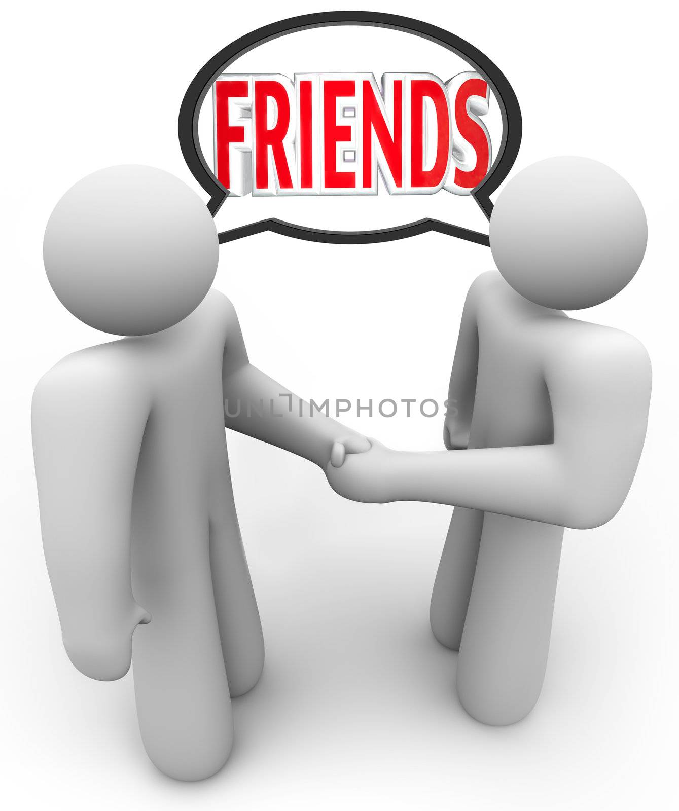 The word Friends in a speech bubble or cloud above two people shaking hands, symbolizing a welcome, meeting, friendly attitude, social interaction and networking