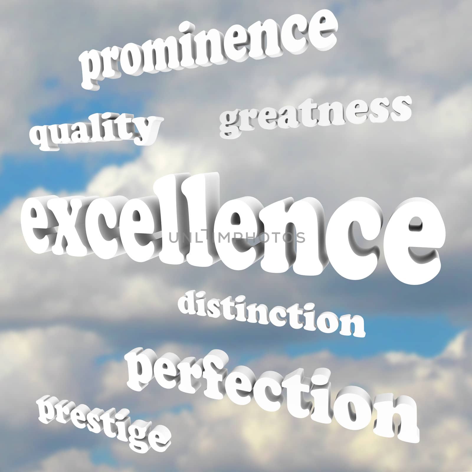 The word excellence and related terms describing distinction, greatness, quality, prominence, perfection and prestige -- words floating in a blue cloudy sky