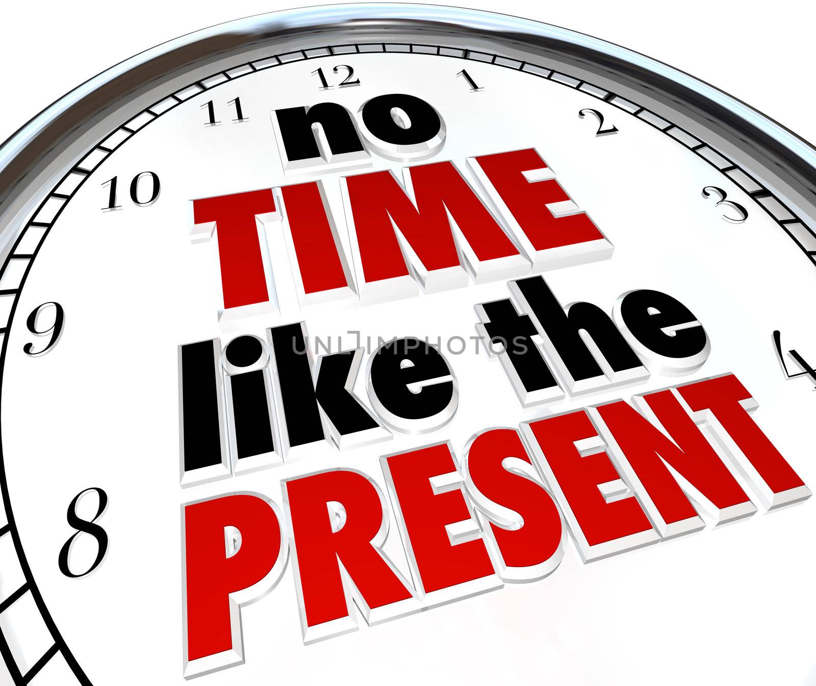 A clock with the words No Time Like the Present telling you to get things done now and not put them off or procrastinate, in order to accomplish goals and achieve success in life