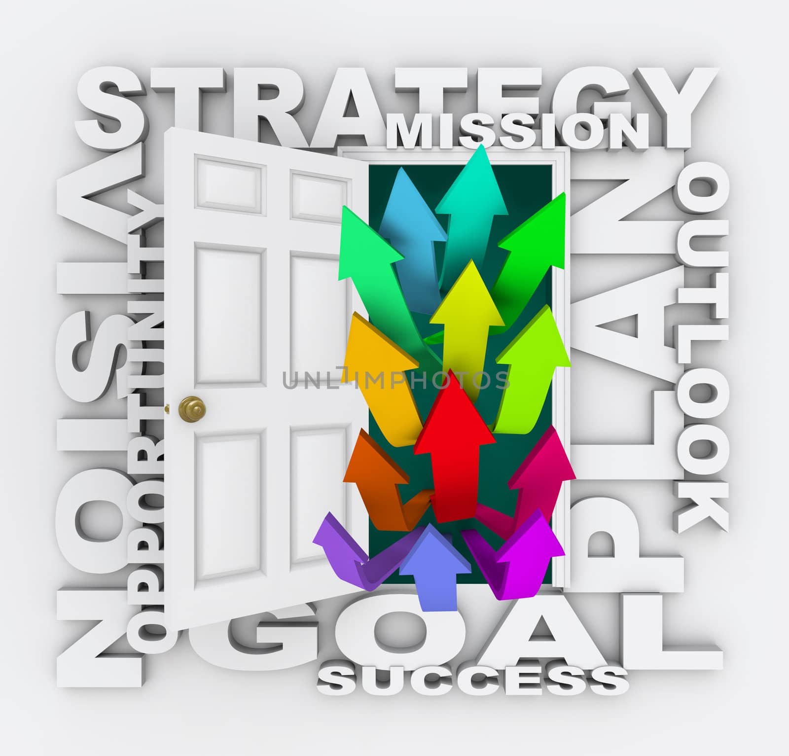 A door opening to show several arrows pointing upward, surrounded by words like plan, strategy, vision, outlook, opportunity and mission