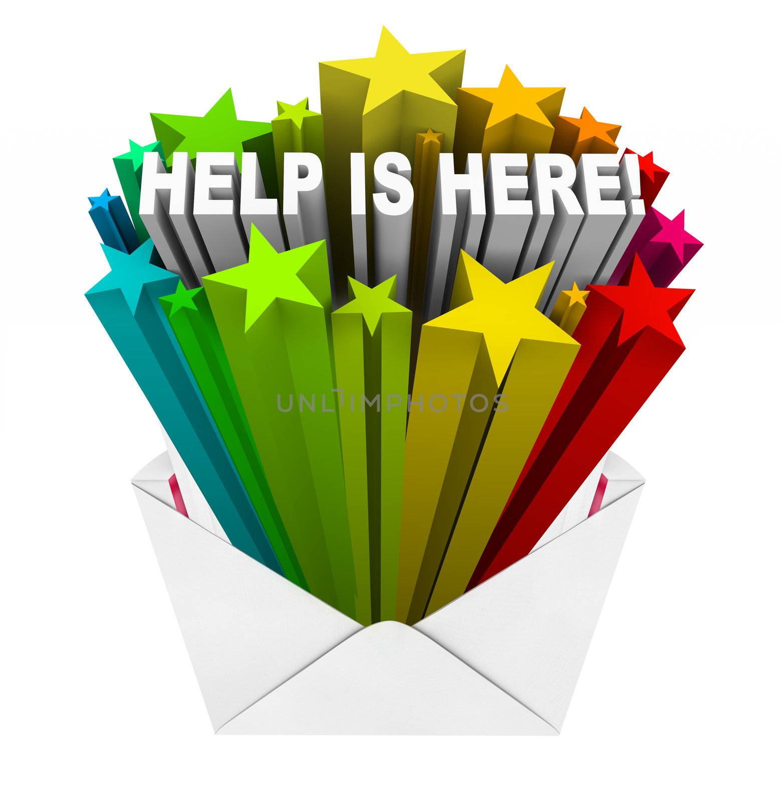 Help Is Here words in a starburst erupting from an open envelope to tell you that assistance, support, service, comfort, aid or relief has arrived 