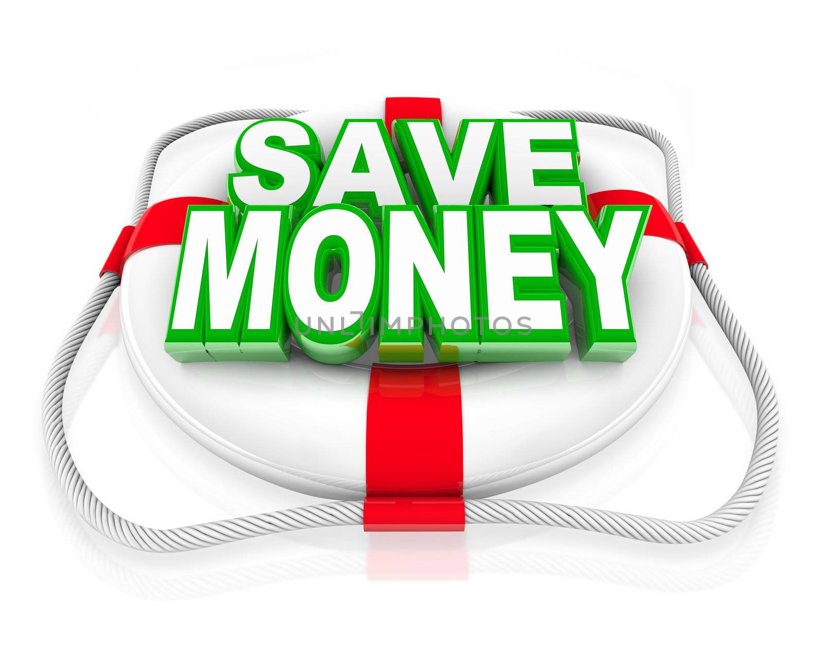 A white life preserver with the words Save Money on it, symbolizing a budget rescue in the form of money saving offers or deals at a store sale or clearance event