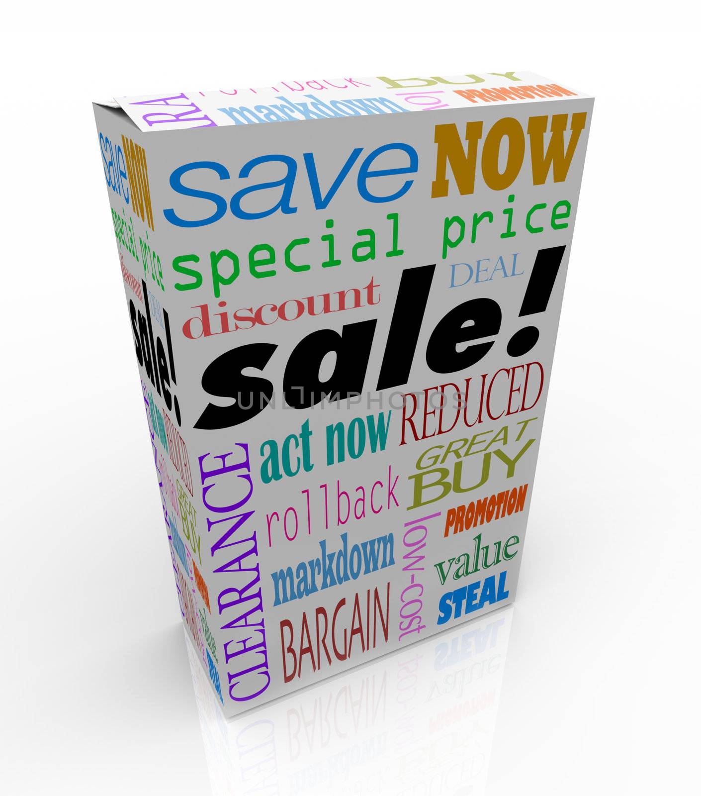 The word sale on a product box, merchandise or package to symbolize savings, discounts, clearance, special price, low cost, value, reduction or other event at store for saving money