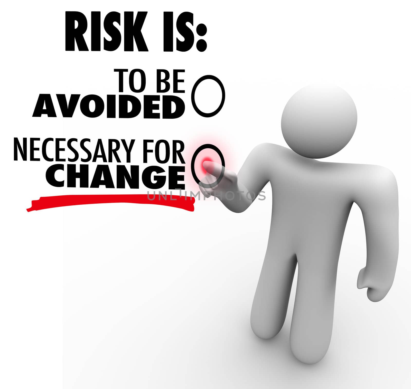 A man presses a button for the idea that Risk is Necessary for Change instead of to Be Avoided, symbolizing the necessity of adapting in order to grow and succeed