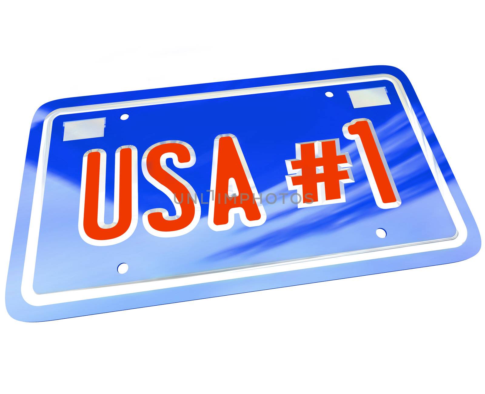 A vanity license plate in red white and blue with the letters and words USA Number One with number 1 to show patriotism and national pride in United States of America
