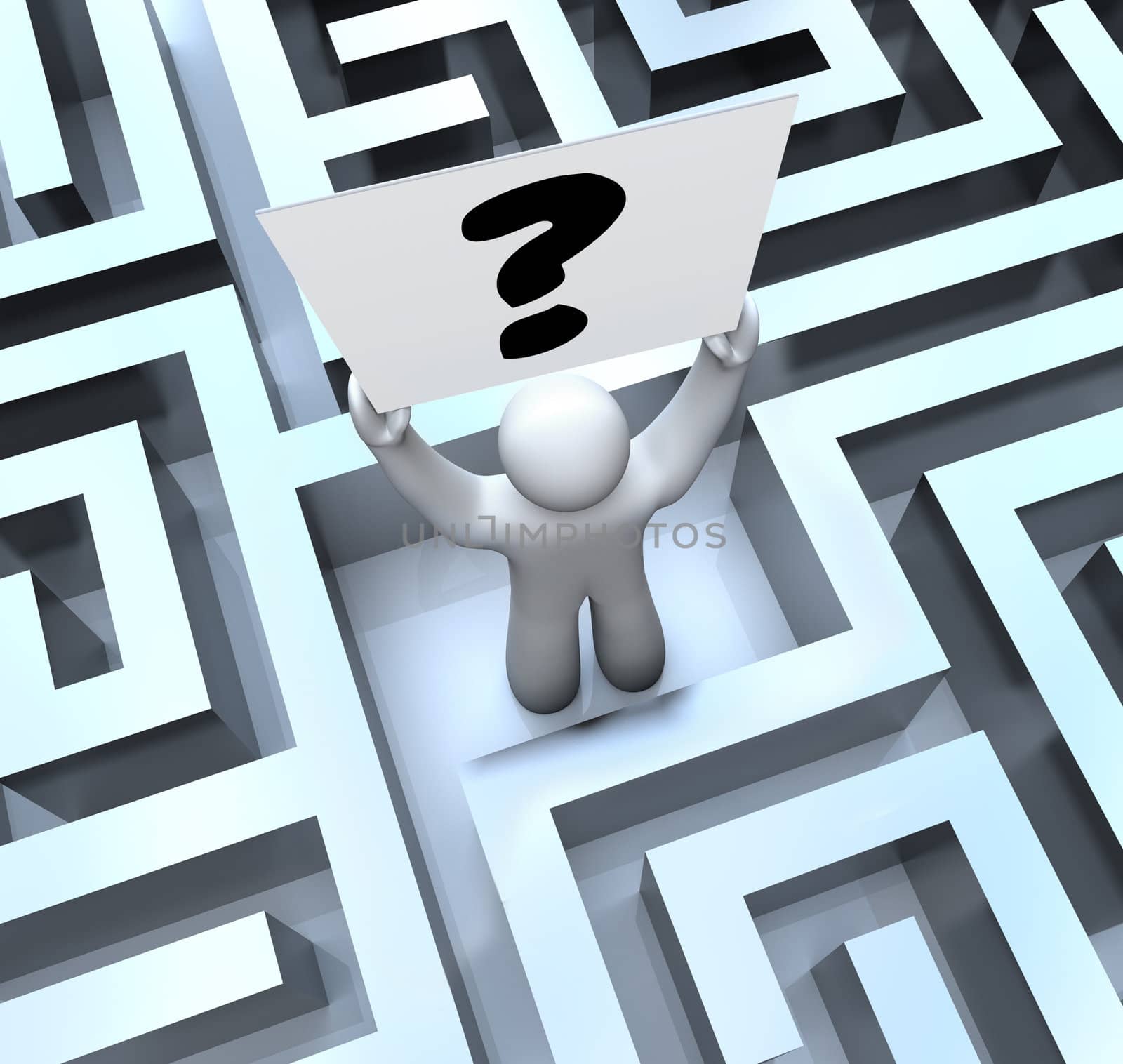A man lost in a maze or labyrinth holds a question mark sign to seek help in finding a way out or getting an answer or solution to a problem or trouble