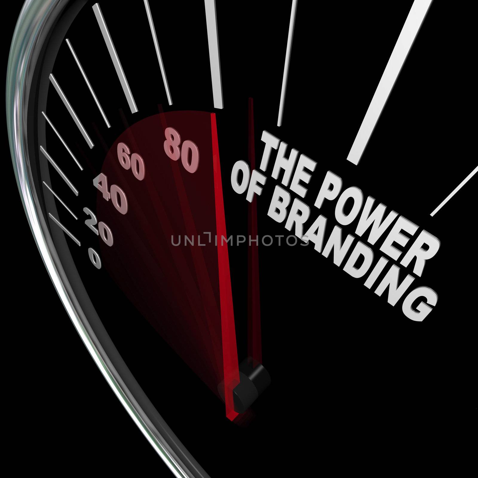 The power of branding measured by a speedometer representing the high level of loyalty a customer feels toward a company, business or product it loves and trusts