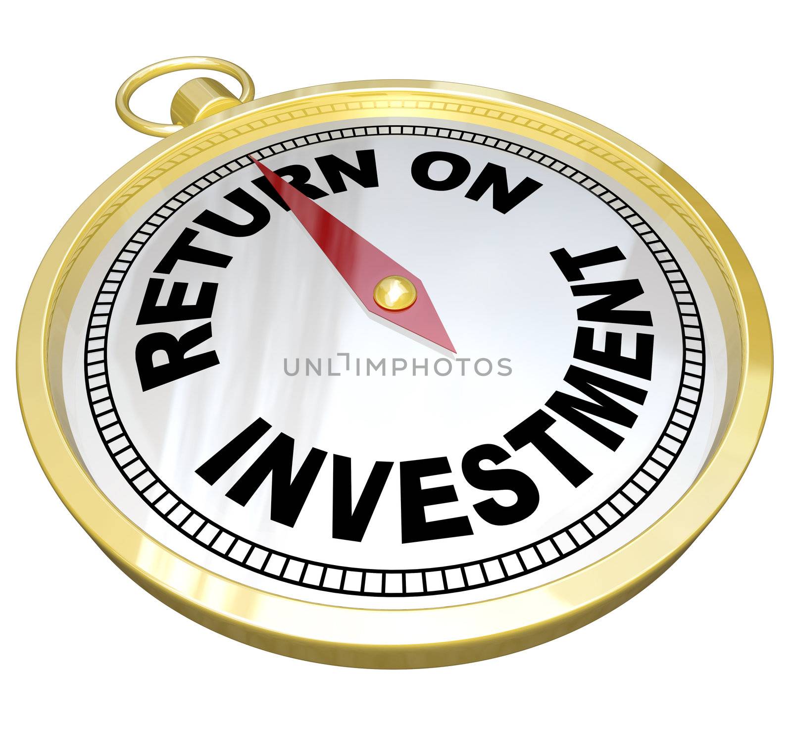 The words Return on Investment on a gold compass offering help, guidance, advice, direction and leadership in increasing your wealth and nest-egg money