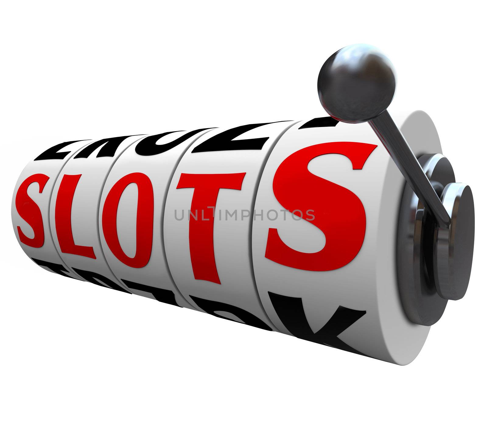 The word Slots on the spinning wheels of a casino slot machine, illustrating the risk and uncertain outcome of betting and gambling in games of chance