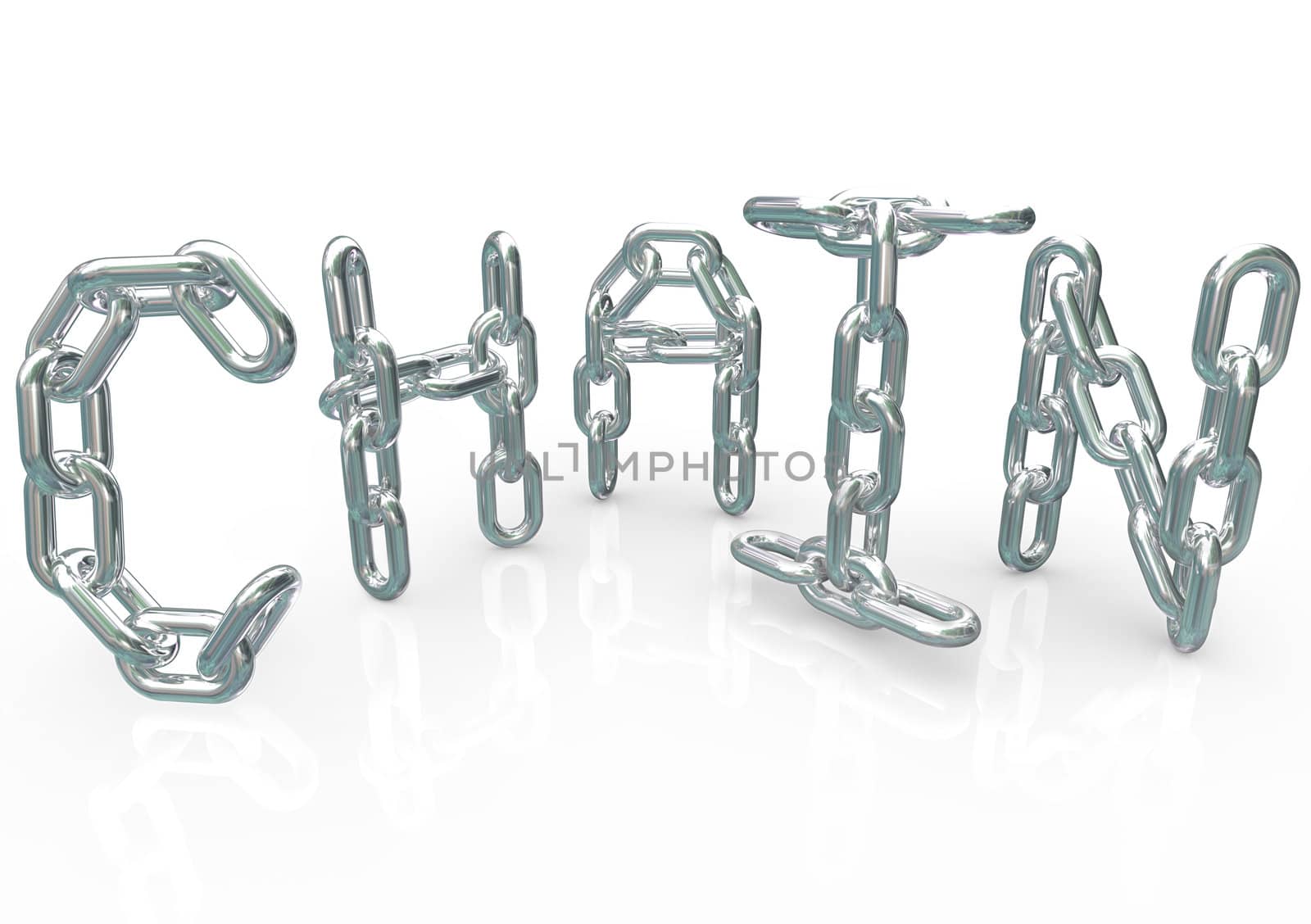 Many chains connected together and linked to form the word Chain, symbolizing unity, teamwork, organization, team processes, procedure and synergy