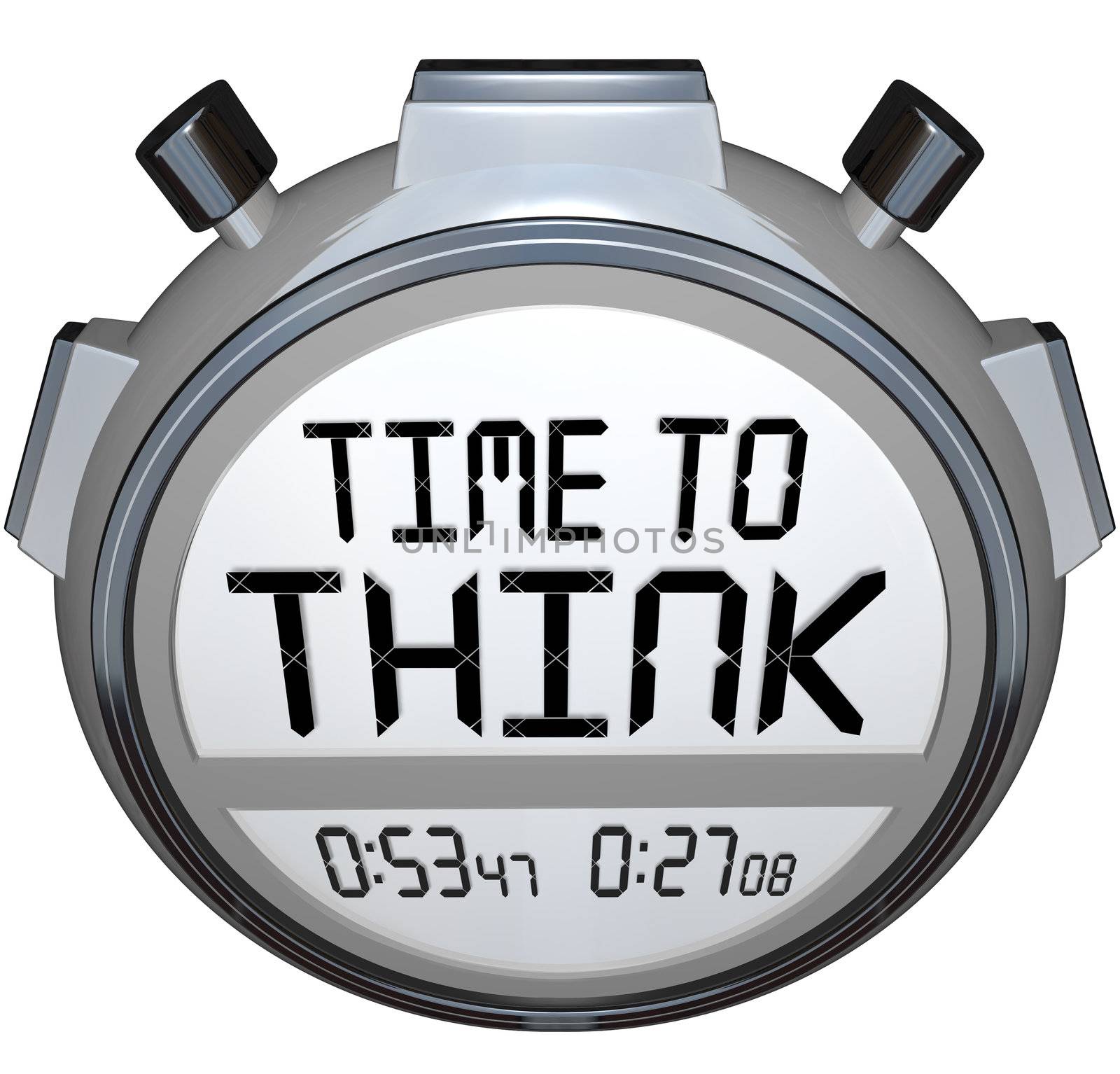 The words Time to Think on a stopwatch or timer in digital letters and words to symbolize the importance to brainstorm your plan or strategy to reach your goals and success