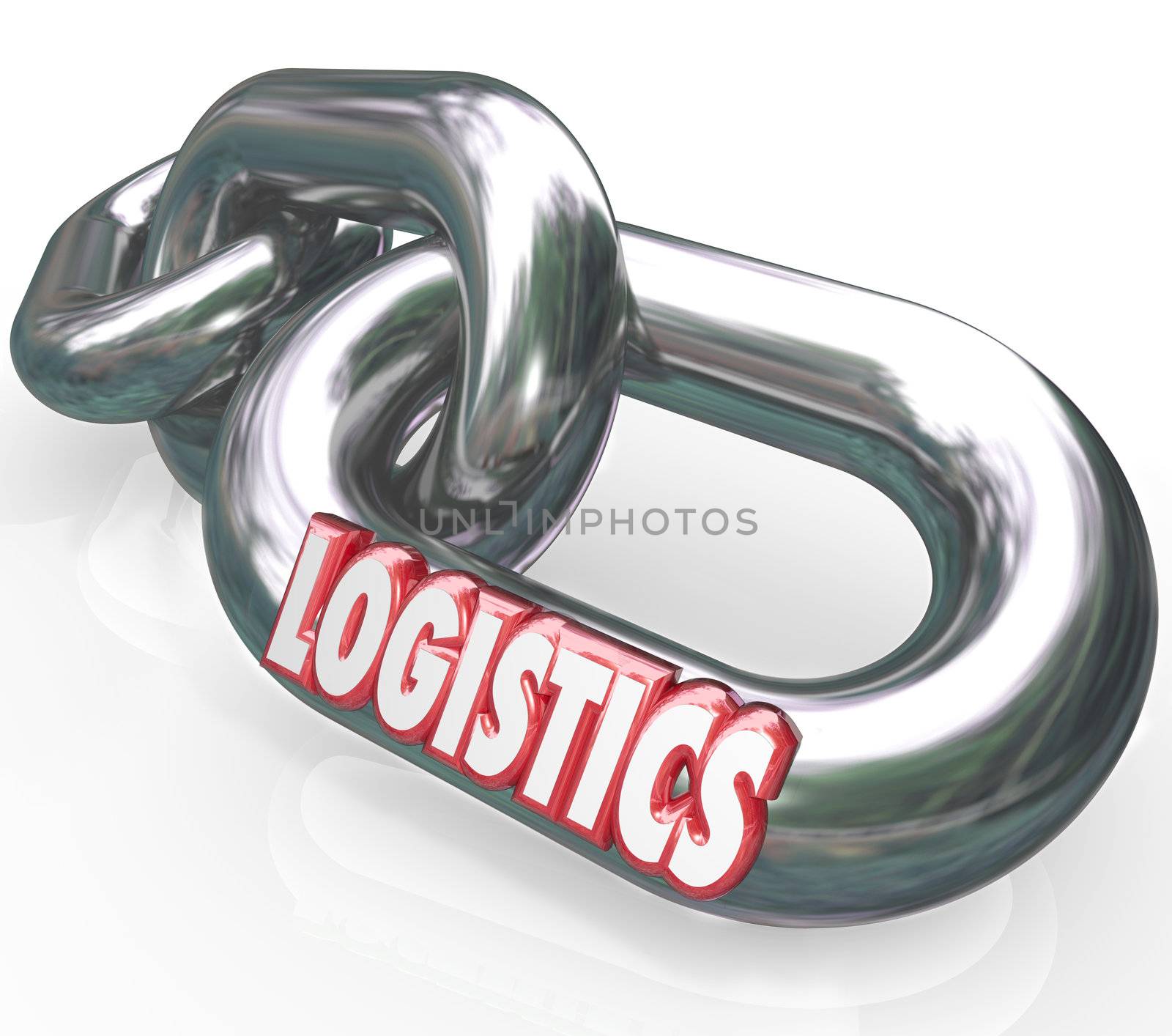 The word Logistics on a metal chain link connected to other chains and links to form an organized and coordinated system of working together