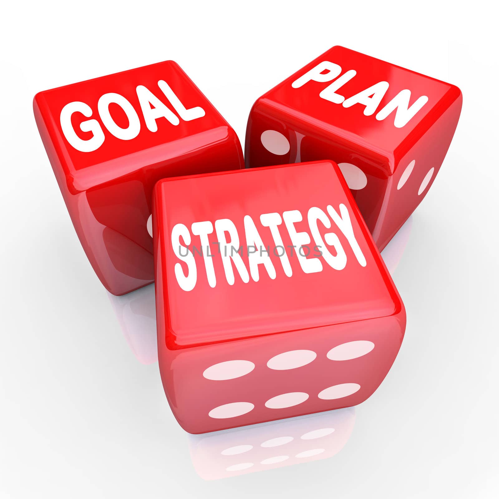 The words Plan, Goal and Strategy on three red dice, symbolizing taking a gamble on improving your fortunes with planning and strategizing for success