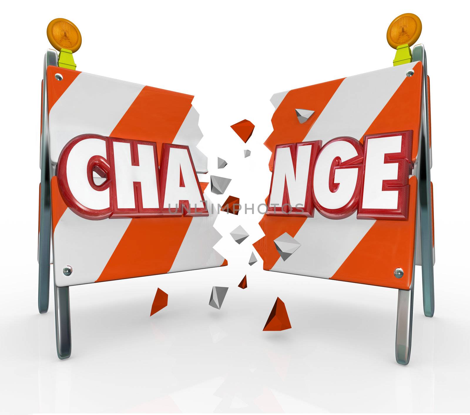 The word Change on a barrier being broken through to allow for evolution, revolution, adapting, progress or other movement forward to make improvements