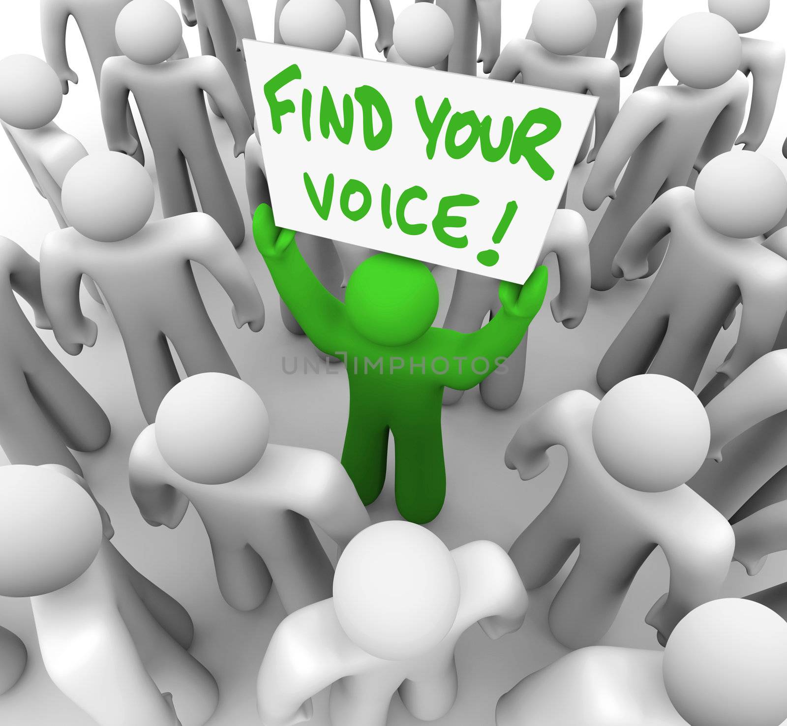 The words Find Your Voice on a banner held by a green man in a crowd of grey people, having just gained the confidence to speak what is on his mind and share his opinion and feedback