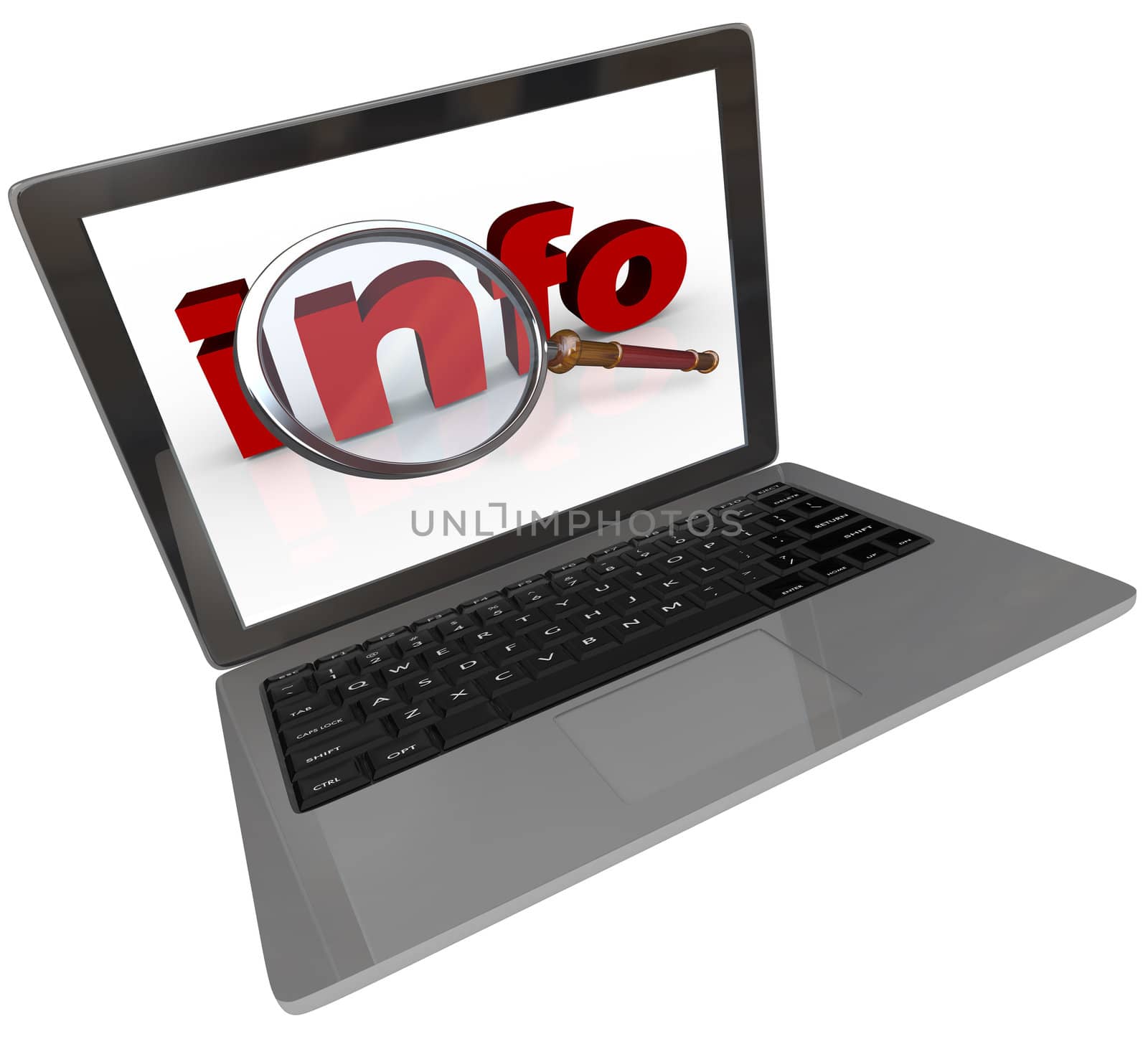 Using a laptop computer to search the Internet for information, with the display monitor showing a magnifying glass on the word Info to symbolize answers for your research