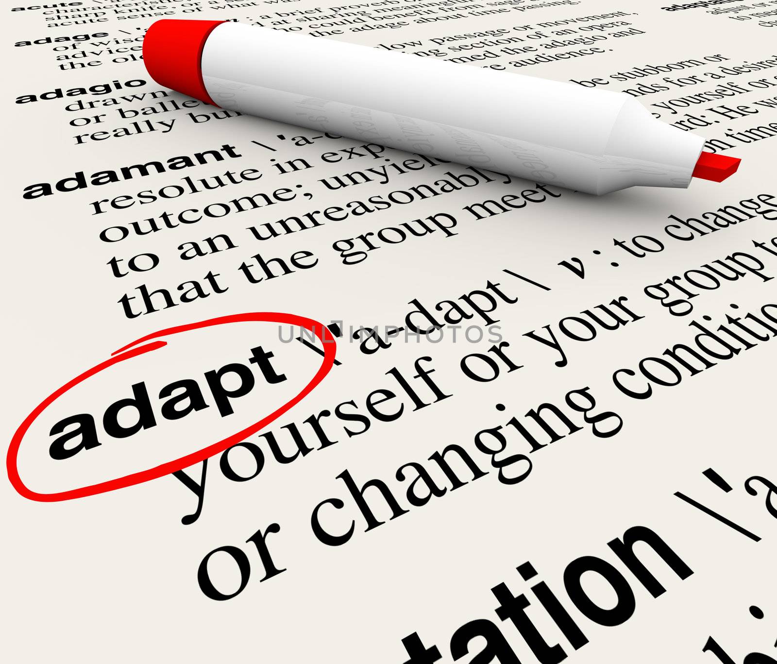 The word Adapt defined in a dictionary providing definition of change, adaptation and altering to survive and thrive