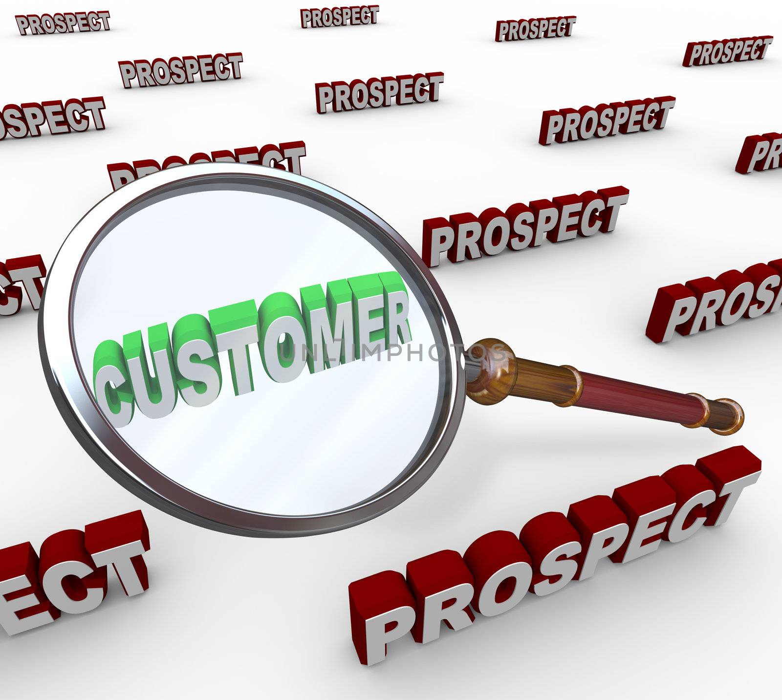 One Customer is found among many words Prospect, symbolizing the search for new consumers for focus of sales effort and convince to buy your product or service
