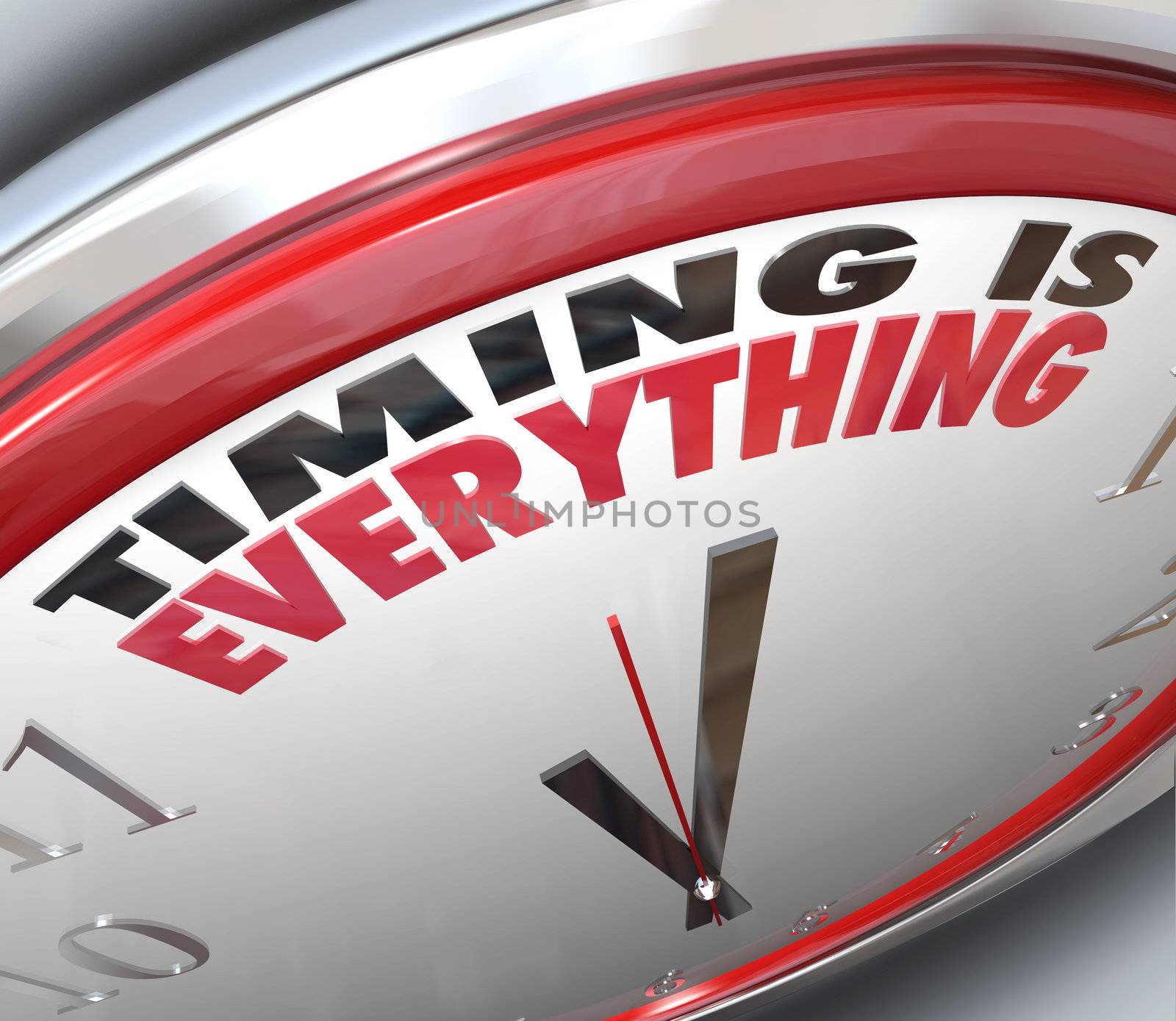 The words Timing is Everything on a clock to illustrate the importance of being on time, punctual and the speed of a fast response to take advantage of opportunity and claim success