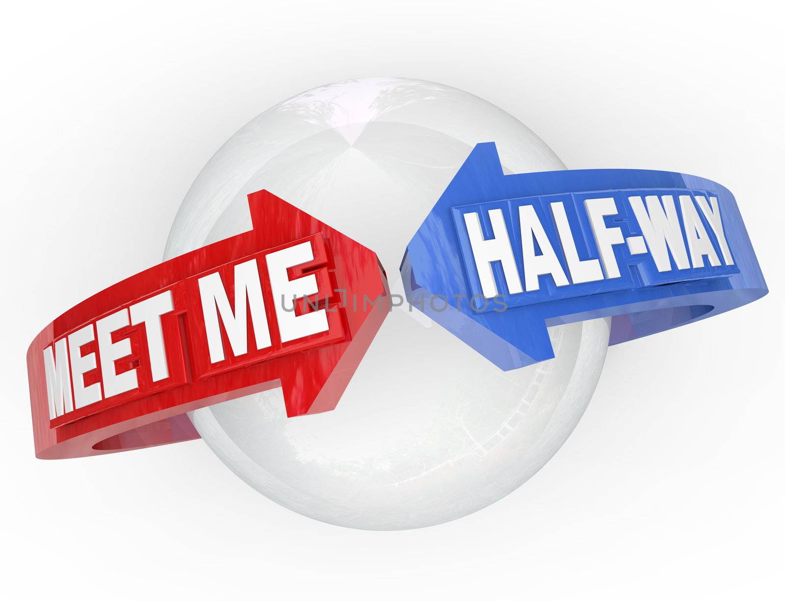 Two arrows with the words Meet Me Half-Way around a sphere, representing a compromise, settlement, peace, truce or other agreement resolving a dispute
