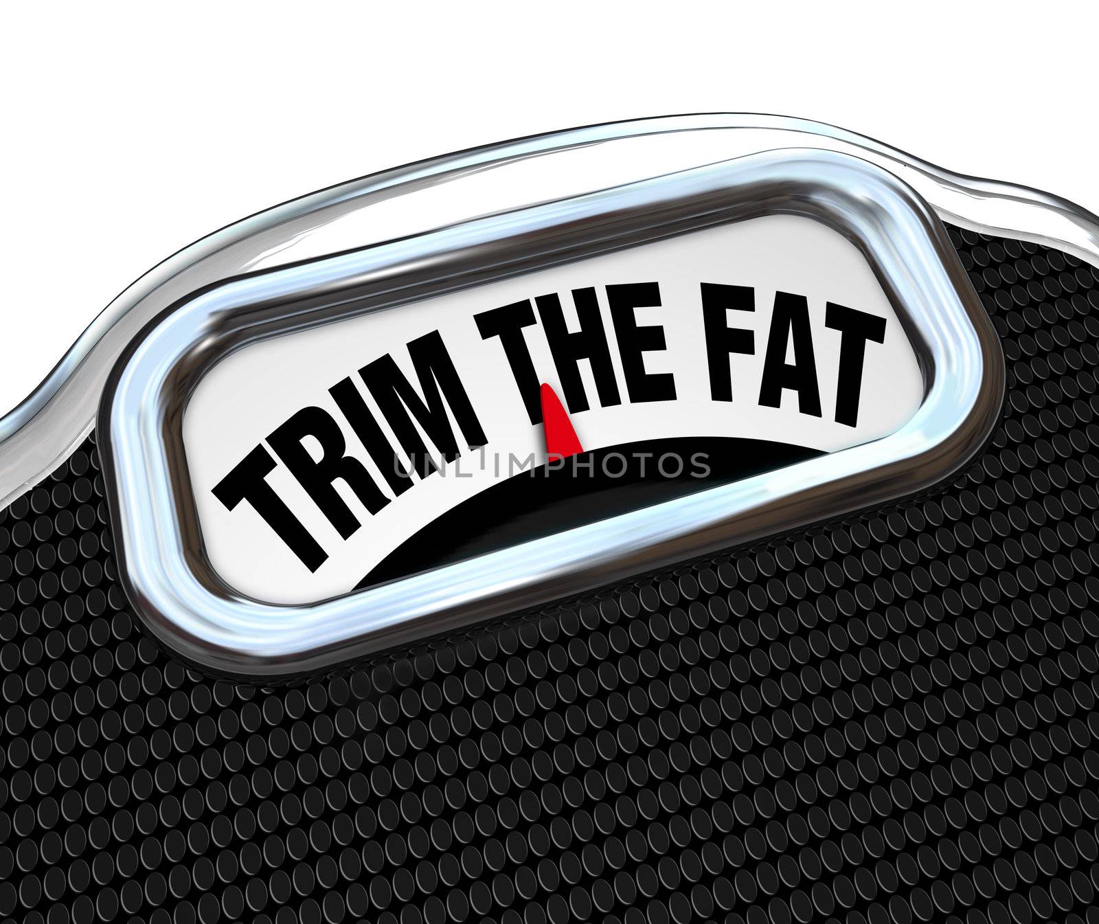 The words Trim the Fat on a scale, representing the need to diet and lose weight or to tighten your budget and cut costs during tough economic or financial times