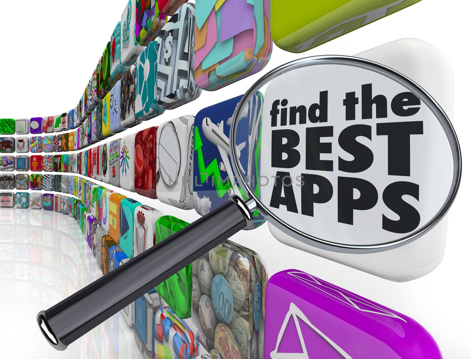 A magnifying glass over an app tile reading Find the Best Apps, helping you search and locate the top, most popular applications and software to buy and download on your smart phone or mobile computer