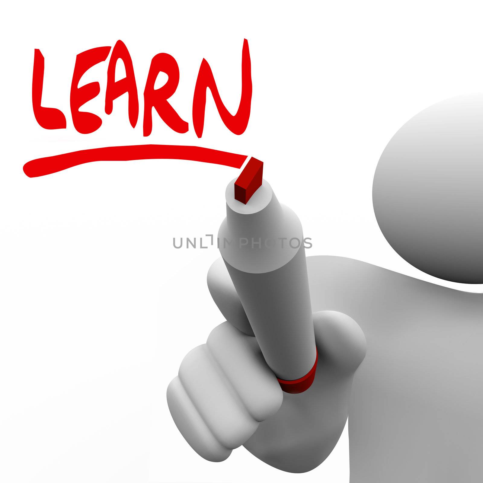 A teacher or leader writes the word Learn to inspire his class or team to gain new information and knowledge through education or how-to instruction