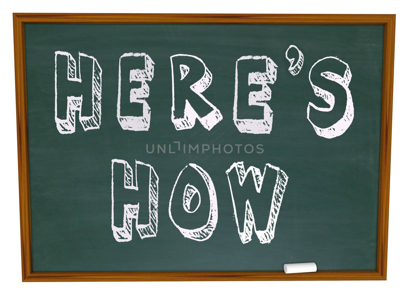 The words Here's How written on a school chalkboard, offering a lesson and information tips on solving a problem or answering a question, how to advice from a consultant or expert
