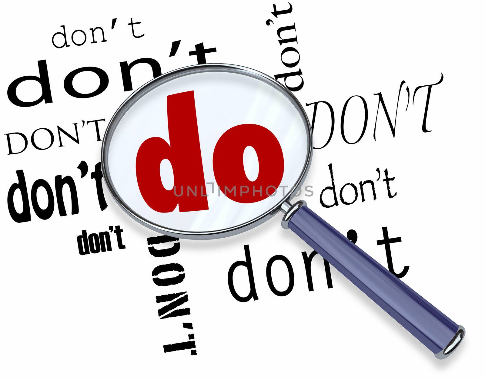 The word Do in big letters under a magnifying glass surrounded by the word Don't, representing commitment and dedication in believing in your abilities to perform a task or succeed in a goal