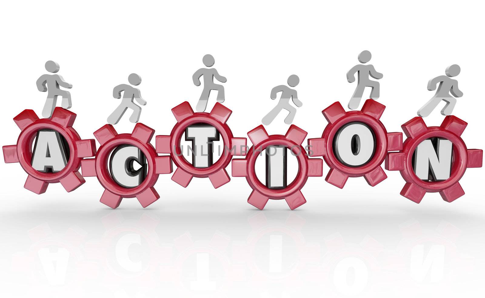 A team of people march on gears each featuring a letter of the word Action, representing forward momentum toward achieving a goal or success