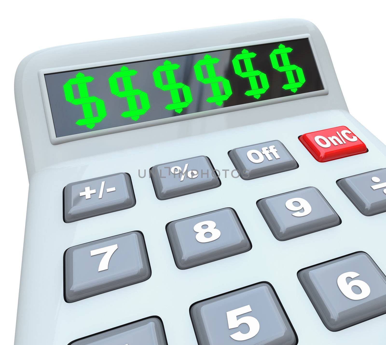 Several dollar signs on a calculator display as you add up your costs, expenses, income, savings, budget, bills, pay, or other financial measurement