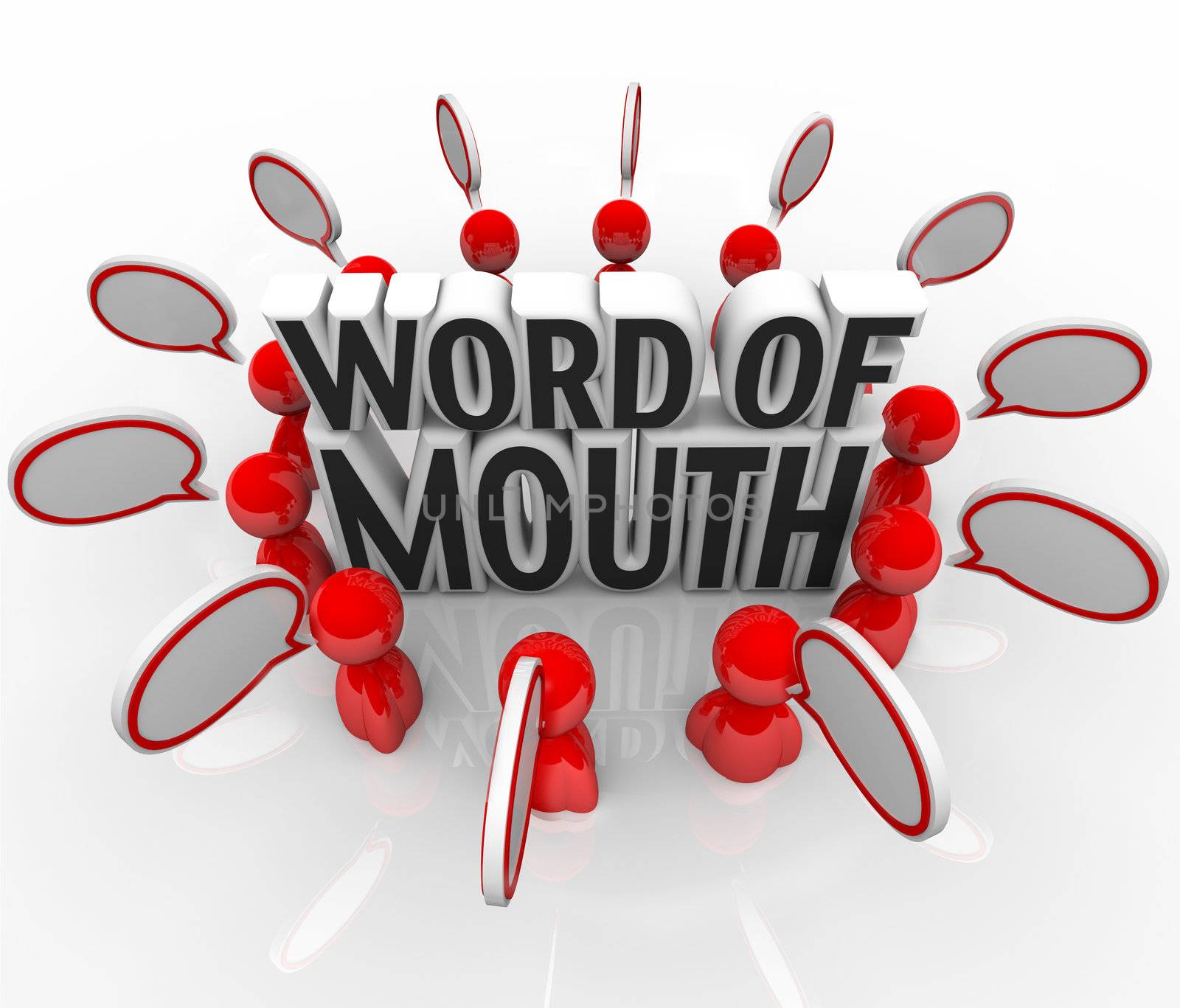 Several people in a circle with speech bubbles, centered around the words Word of Mouth, representing gossip, rumors, buzz, communication and sharing information