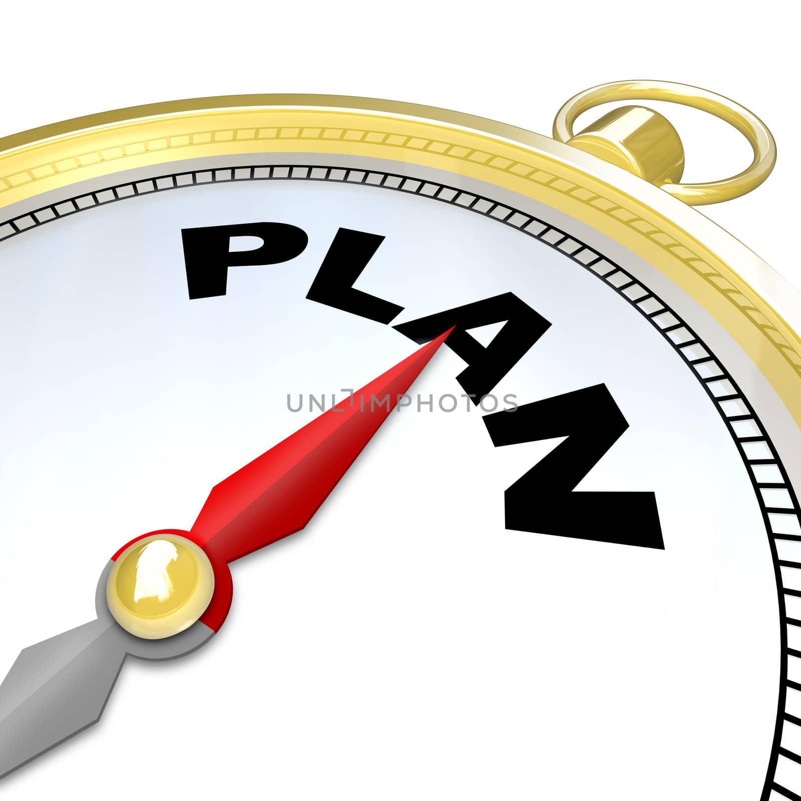 The word Plan on a gold compass pointing you to a strategy for completing your mission and direction for achieving your goal