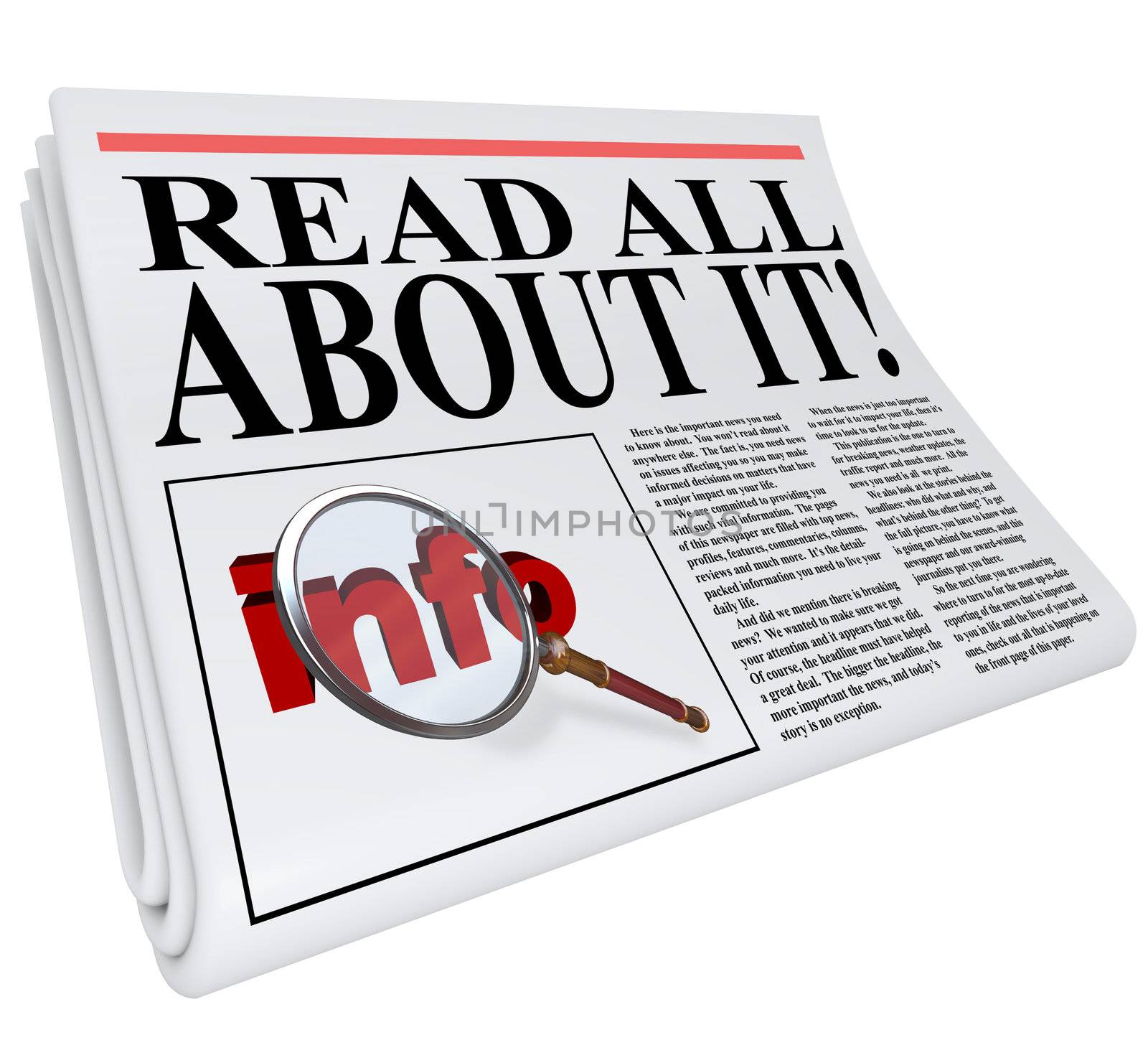 The headline Read All About It on a newspaper with a photo of a magnifying glass on the word info illustrating that the publication has important information you need to know