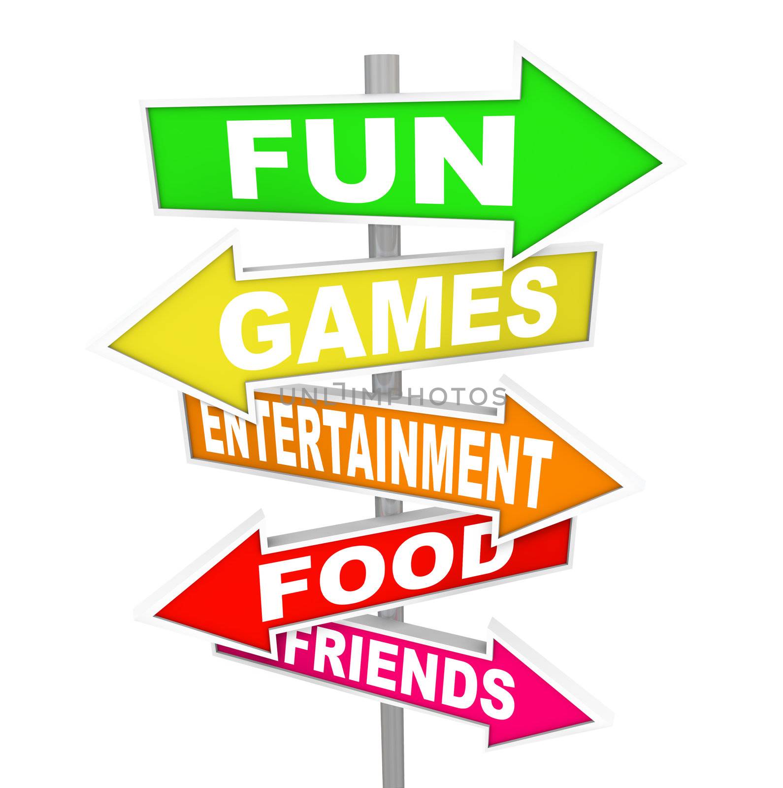 The words Fun, Games, Entertainment, Food and Friends on several colorful directional arrow signs pointing you to events and activities for having a good time with recreation and festivities