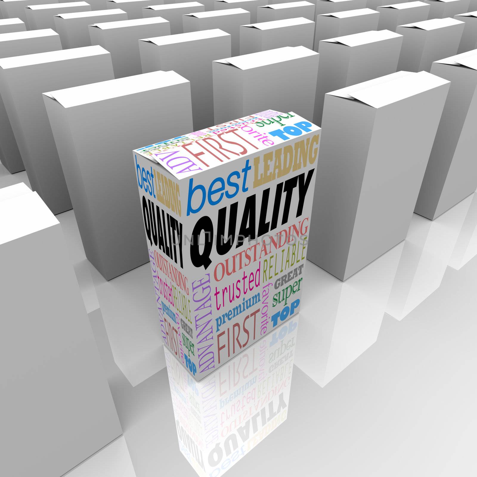 One unique box marked Quality stands out as better among many competing products, best of a crowded store shelf as the most reliable, trusted, effective and proven product