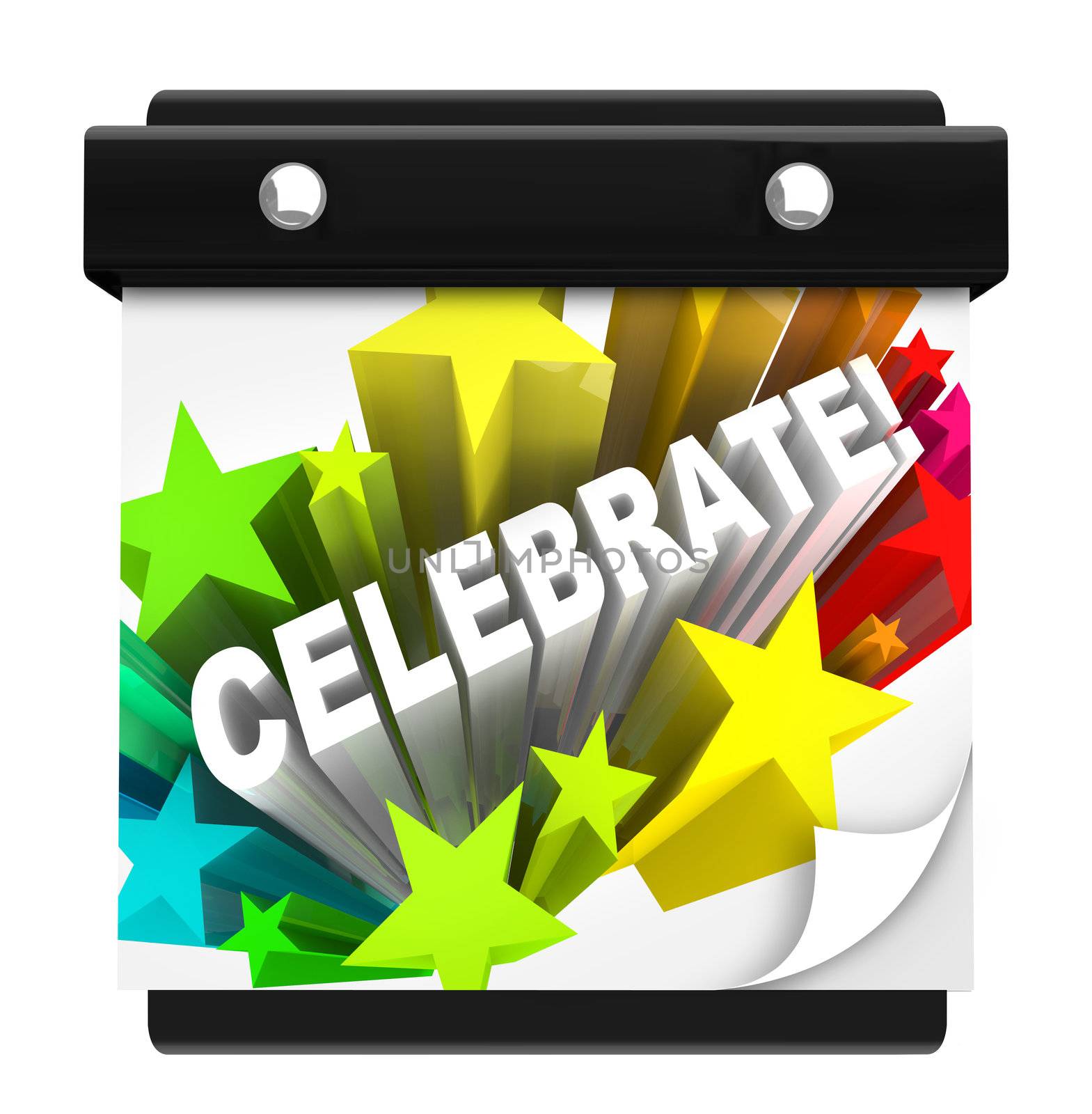 The word Celebrate in a star burst of fireworks on a wall calendar to remind you that it's the day or time for a holiday, vacation, party, birthday, anniversary or other special event