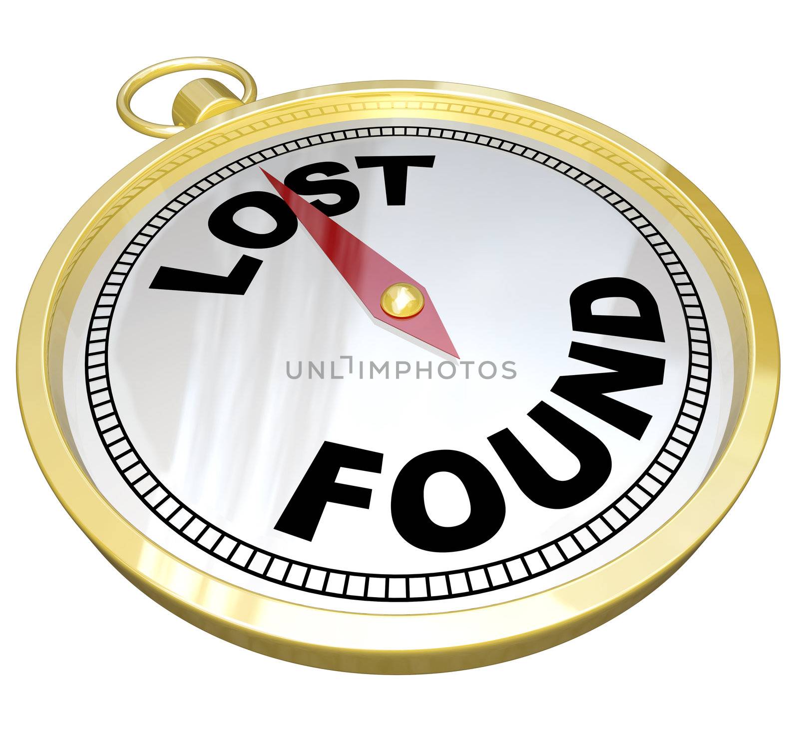 Lost and Found words on gold compass to find direction in your career or life to chart your course and search out success