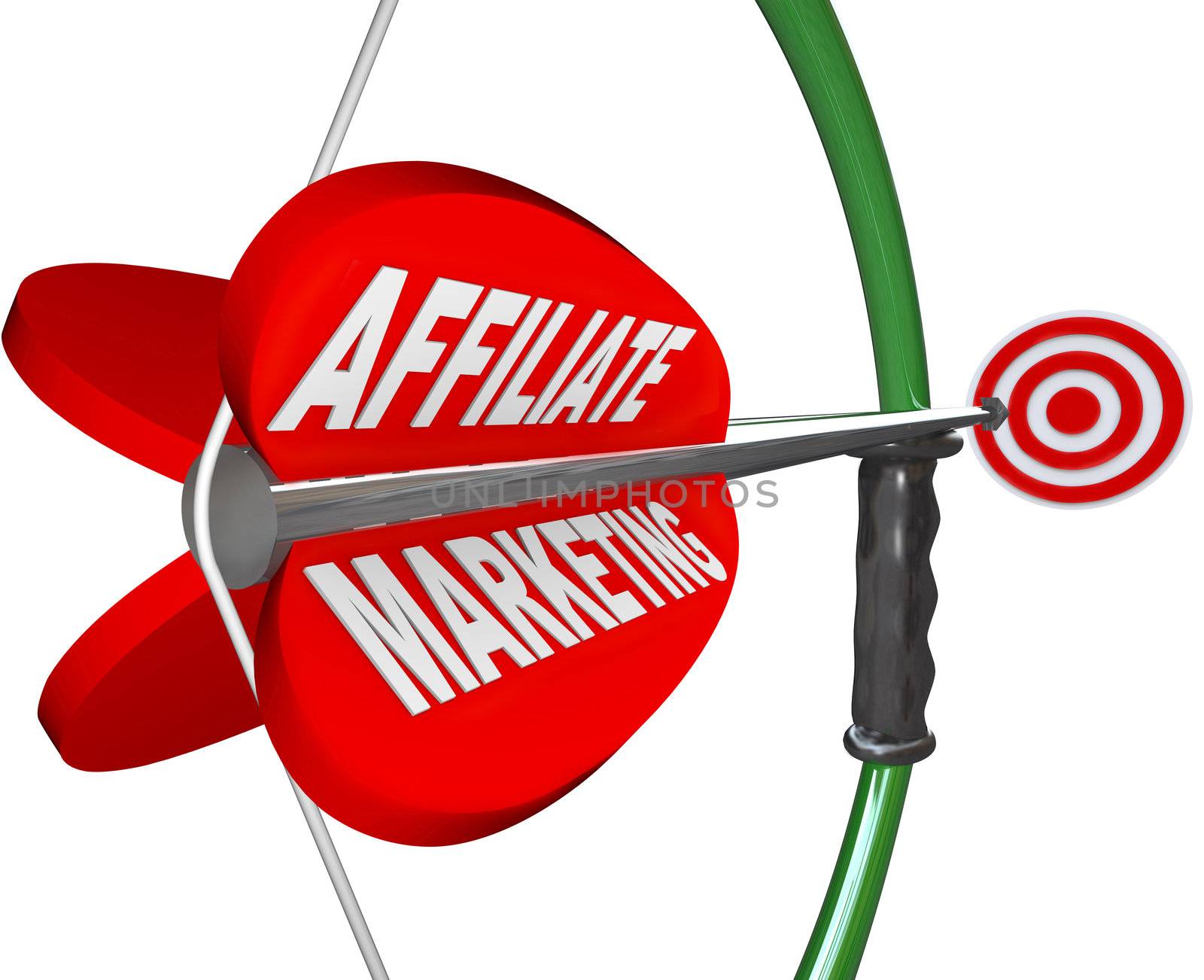 The words Affiliate Marketing on an arrow being aimed with a bow toward a target bulls-eye, representing a business with plan or strategy to make money as an advertising affiliate