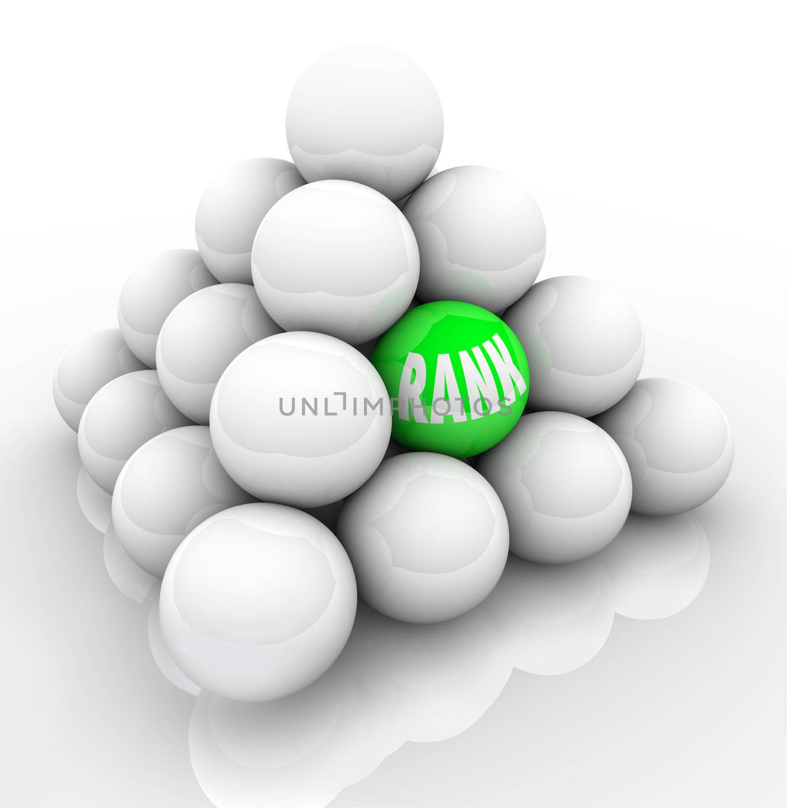 A single green ball marked Rank in the middle of many others to represent your ranking in relation and comparison to your competition or others in your market