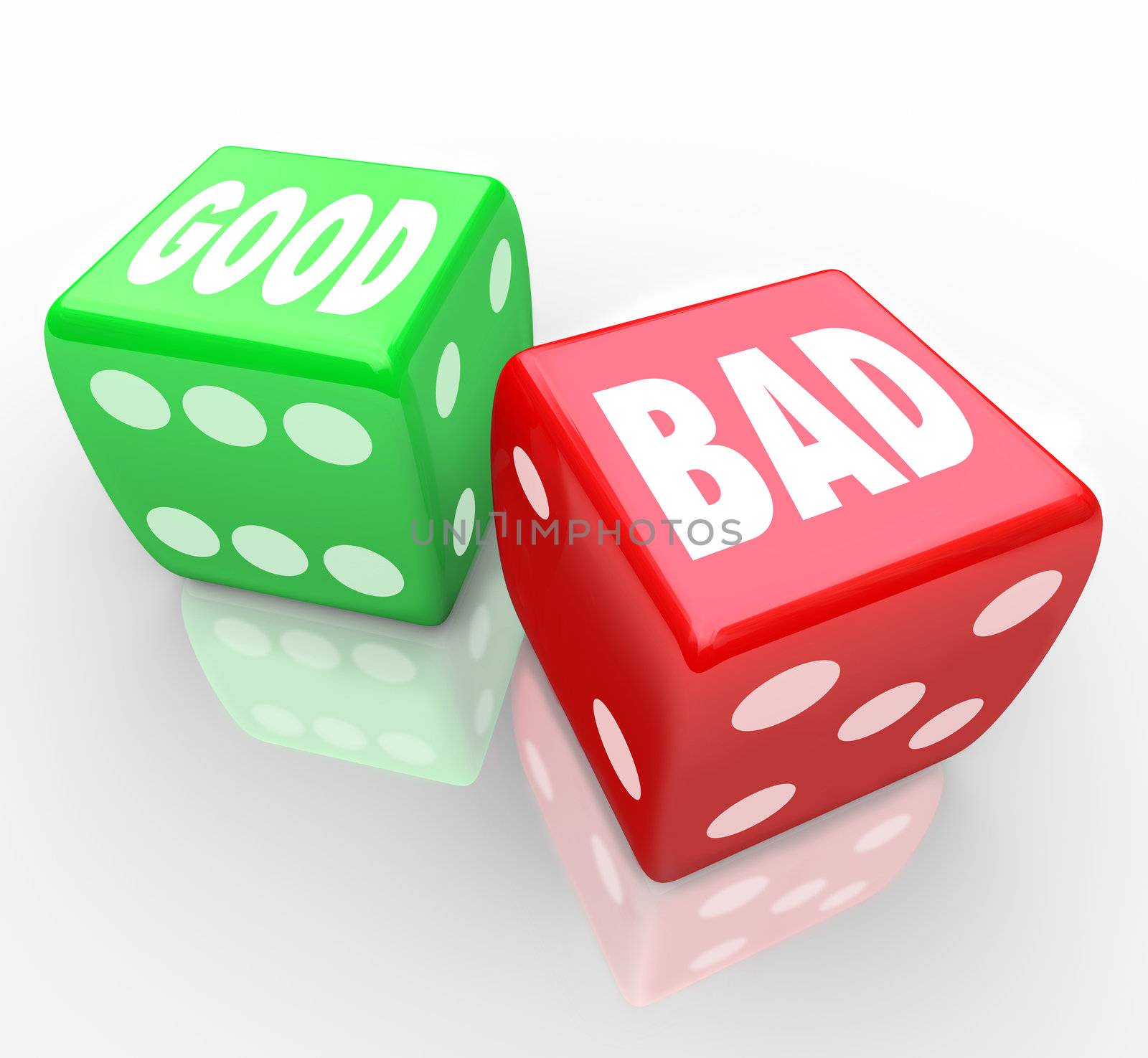 A red dice with the word Bad and a green die with the word Good for you to roll and determine the outcome of a game or situation, will the answer be positive or negative