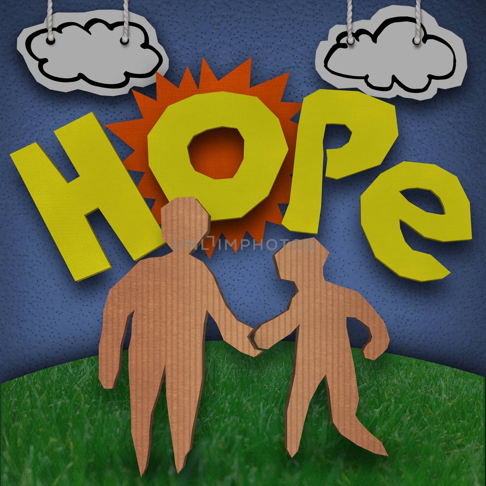 A paper and cardboard cutout diorama with the word Hope in front of the sun with clouds in the sky and two people - and adult and child - holding hands on grass