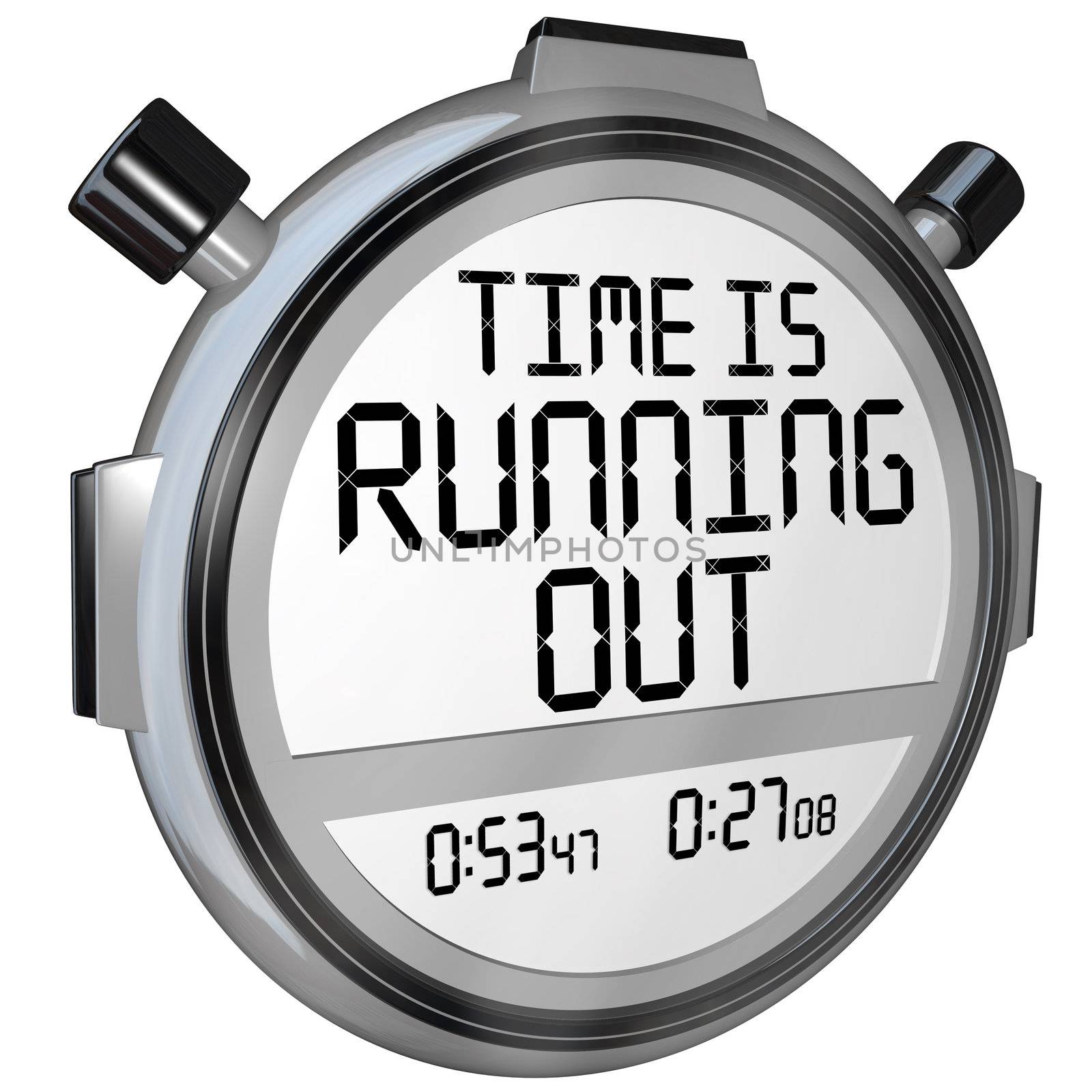 A stopwatch or timer with the words Time is Running Out to warn you that the clock is ticking and the deadline or finish point is near and you should hurry or speed up to complete the game or job