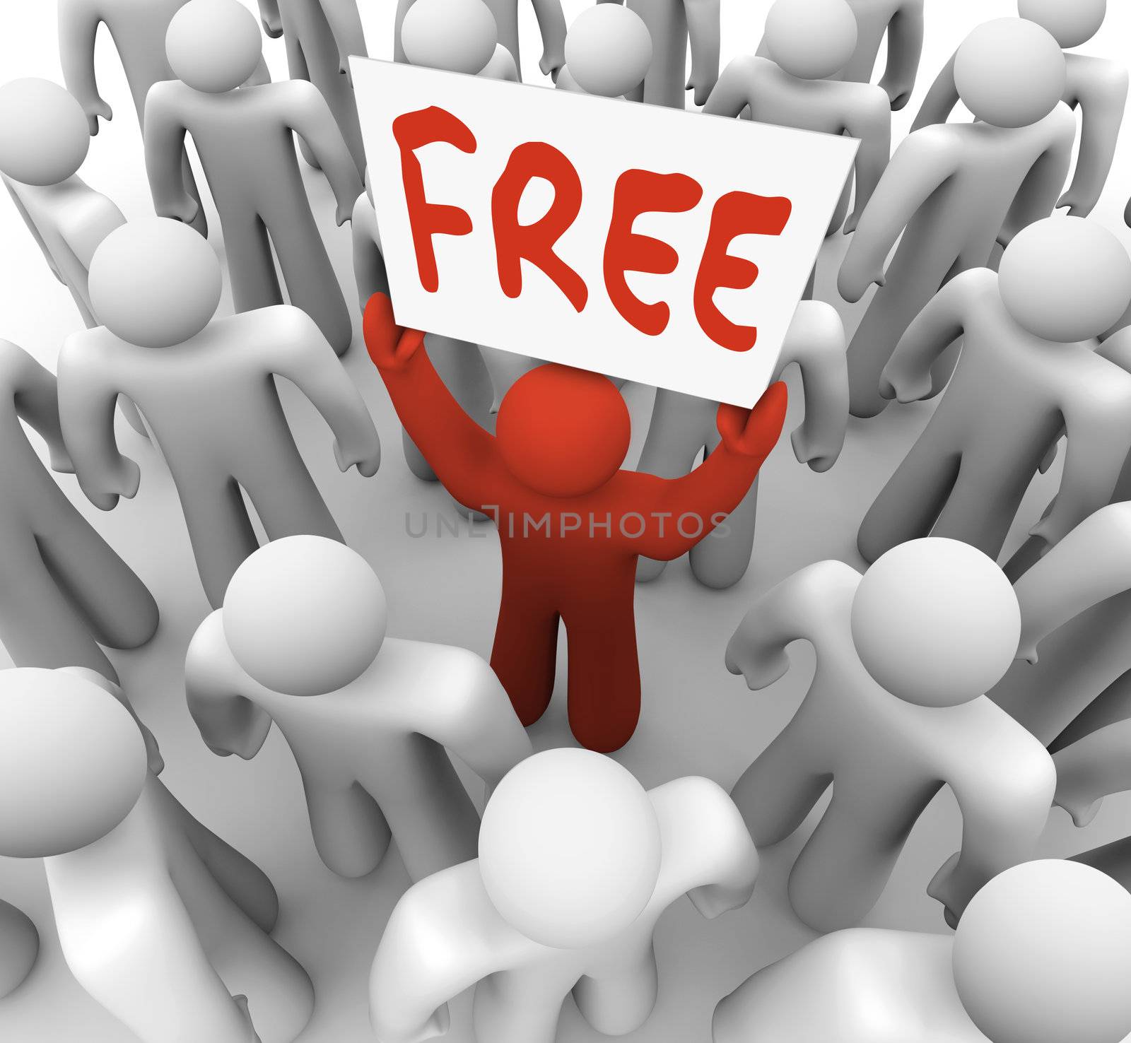 The word free on a banner sign held by a unique red man in a crowd of people, attracting customers for a special sale or giveaway event at a store or business