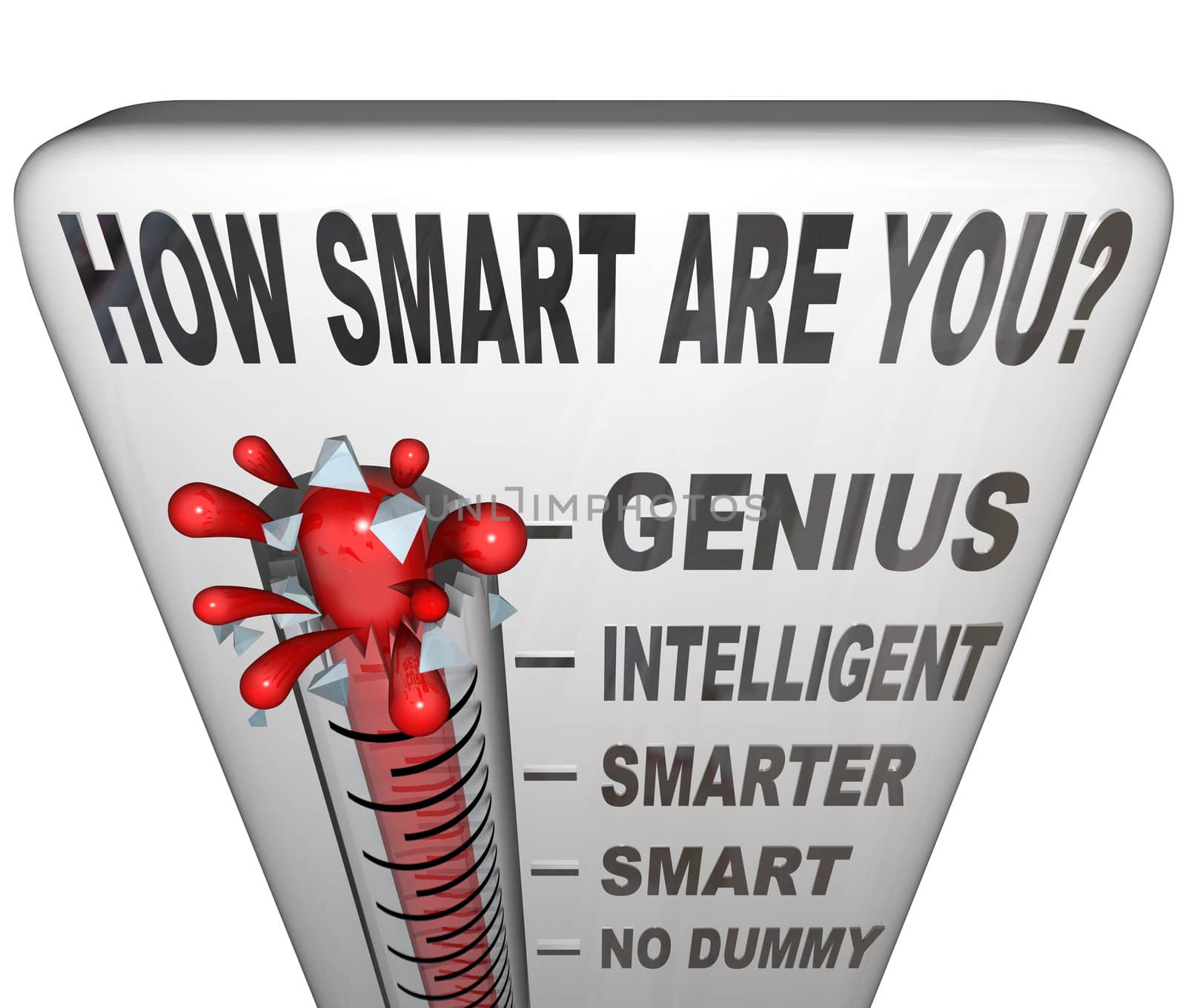 A thermometer marked How Smart are You measuring your intelligence level, with mercury rising past No Dummy, Smart, Smarter and the word Intelligent