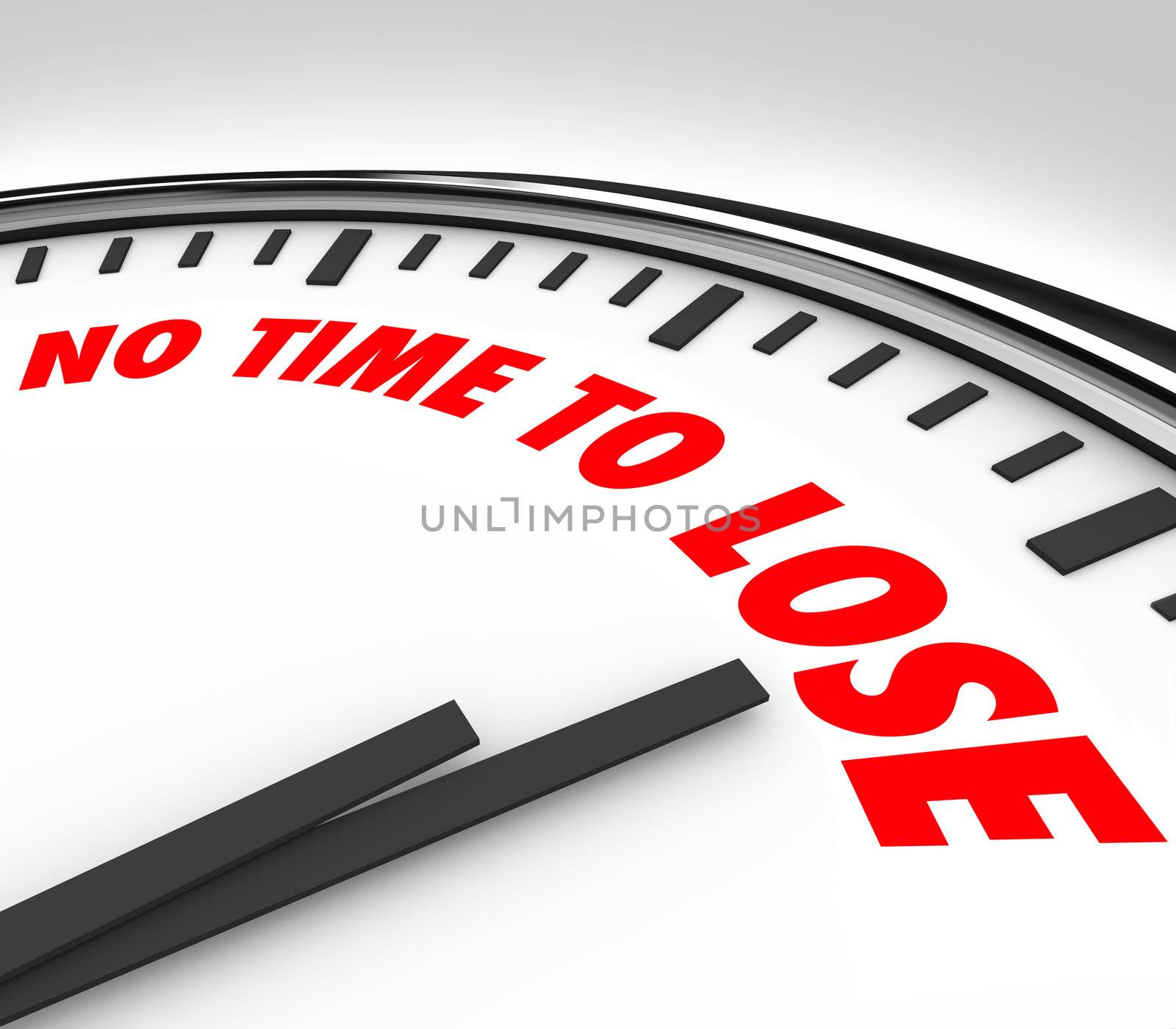 A white clock with the words No Time to Lose on its face and the hands counting down the final minutes and hours until the end or deadline