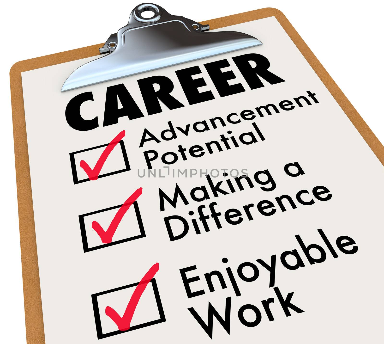 A checklist on a wooden clipboard with the word Career and the top priorities for your to achieve in your profession: Advancement Potential, Making a Difference and Enjoyable Work
